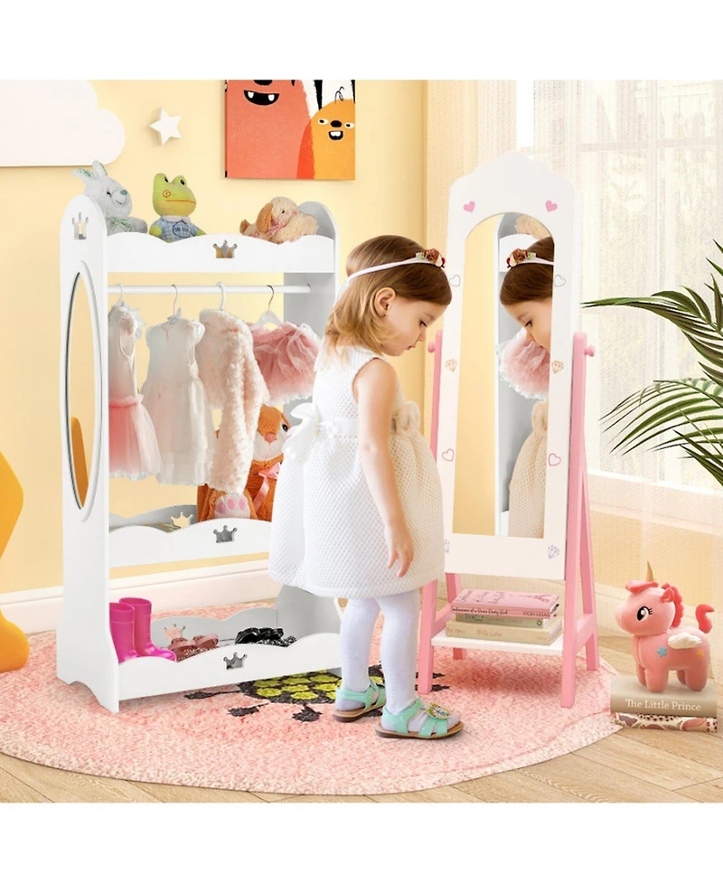 Sugift Kids 2-Piece Vanity Table Set and Standing Jewelry Armoire with Full-Length Mirror