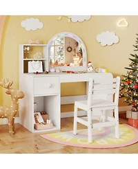 Sugift Kids Vanity Desk and Chair Set with Led-Lit Mirror and Multi-Tier Storage Shelves
