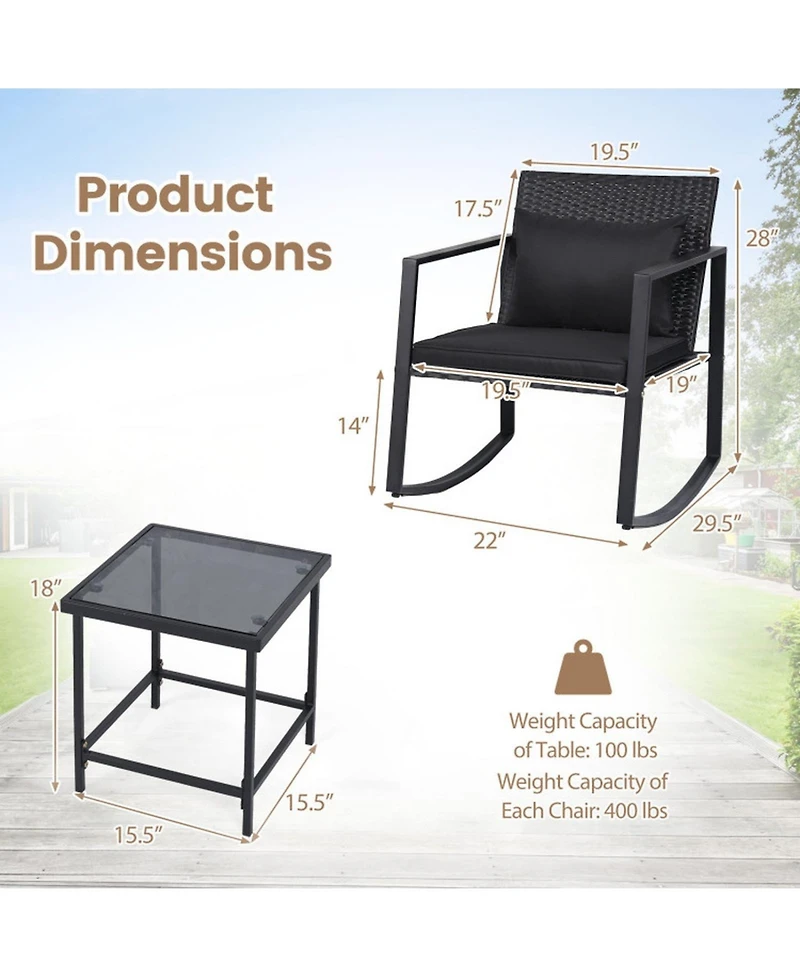 Sugift 3-Piece Outdoor Rocking Bistro Set with Cushions and Tempered Glass Table