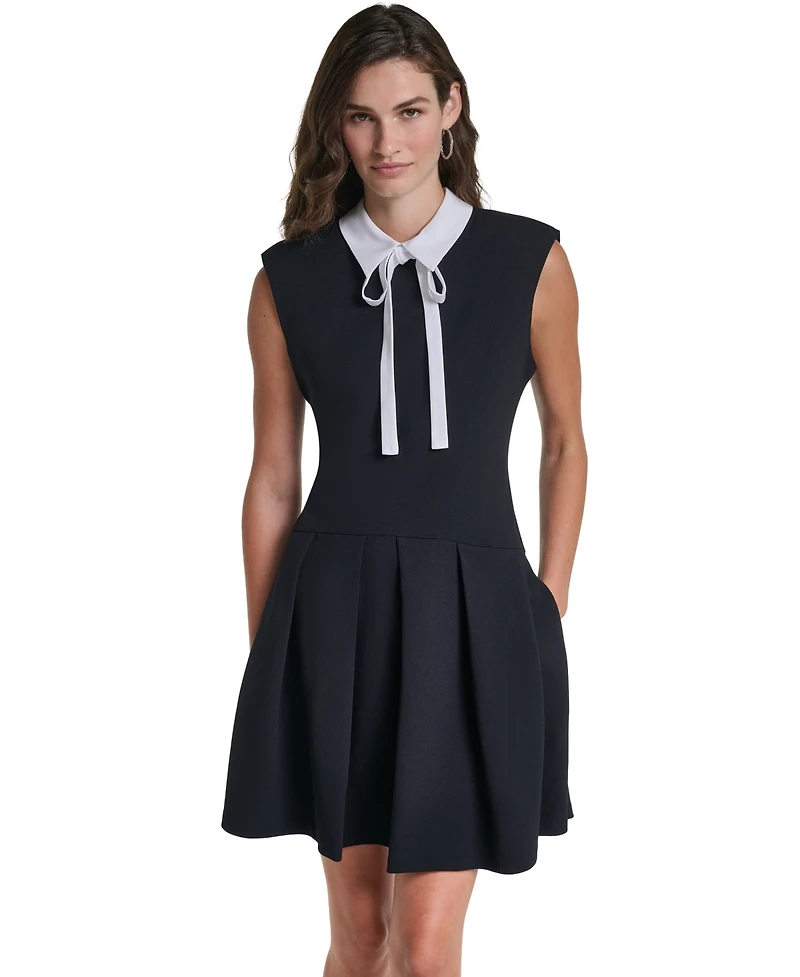 Karl Lagerfeld Paris Women's Scuba Crepe A-Line Pleated Collared Dress