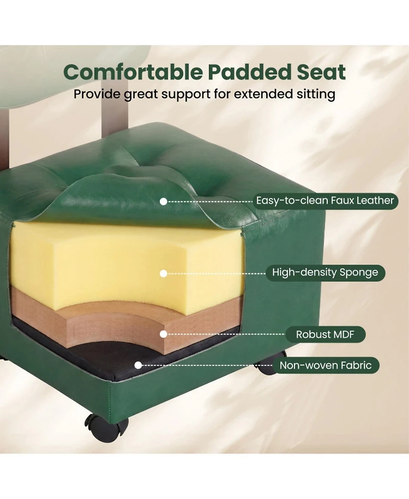Sugift Set of 2 Rolling Footrest Stools with Lockable Swivel Wheels and Tufted Seats