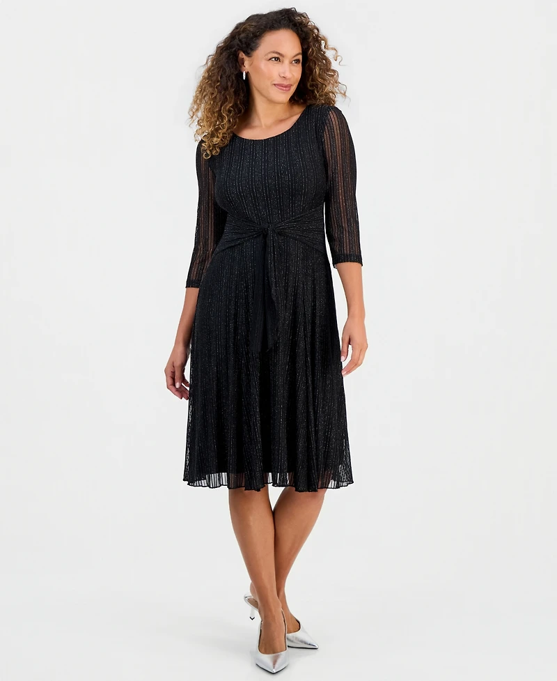 Connected Petite Mesh Tie-Waist 3/4-Sleeve Midi Dress