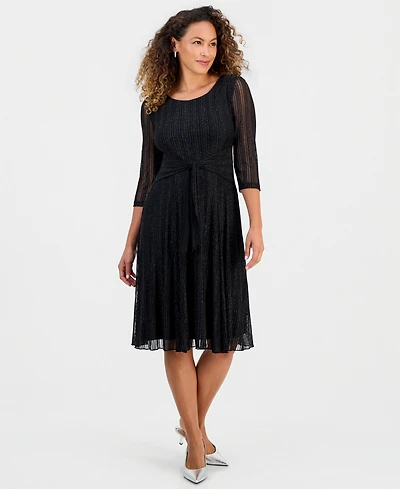 Connected Petite Mesh Tie-Waist 3/4-Sleeve Midi Dress