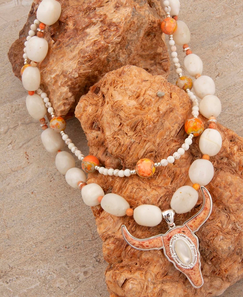 Barse Longhorn Orange Sponge Coral Silver Necklace
