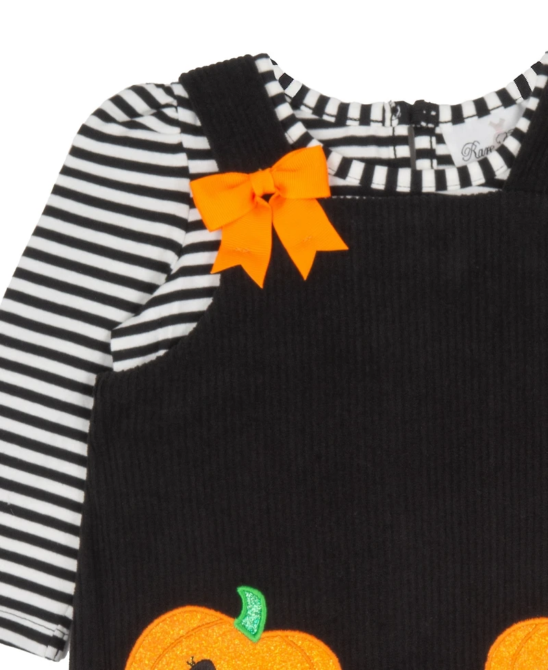 Rare Editions Baby Girls' Black Pumpkin Applique Jumper with Striped and Sleeveless Dress