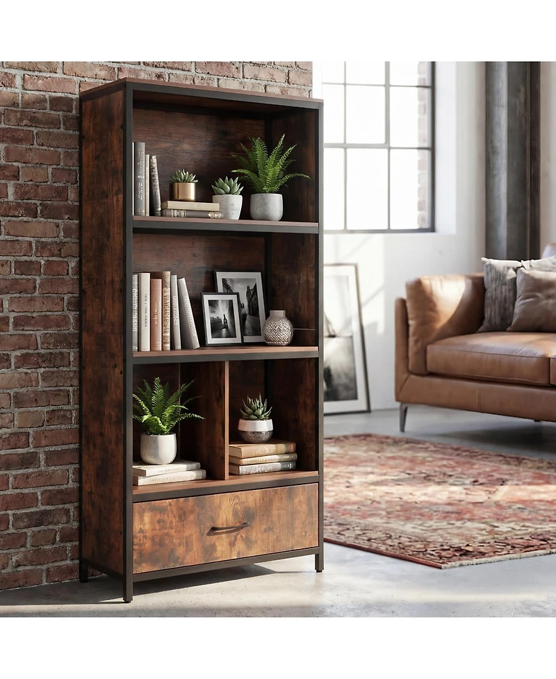 Costway 5-Tier Industrial Freestanding Bookcase with 4 Storage Compartments and Fabric Drawer