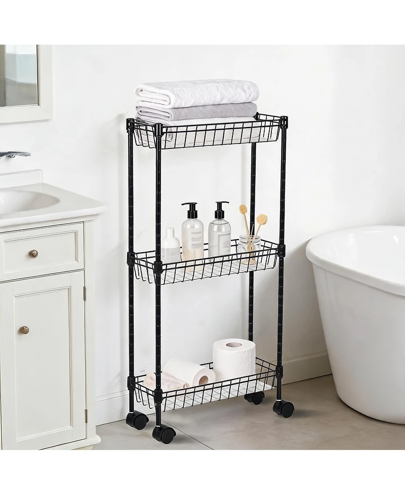 homfan Slim Rolling Storage Cart with Wheels, 3-Tier Metal Utility Cart with Adjustable Shelving Basket, Narrow Corner Organizer for Kitchen Bathroom