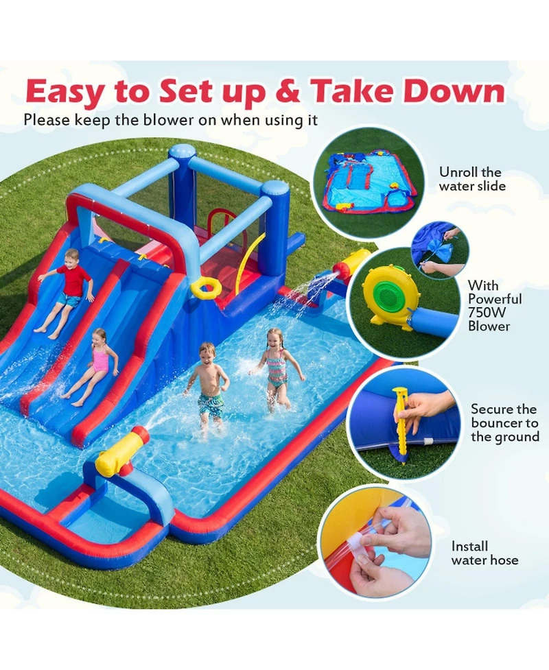 Hongge Giant Inflatable Water Slide Bounce House with Double Slides, Splash Pool, and 750W Blower, Ages 3-12