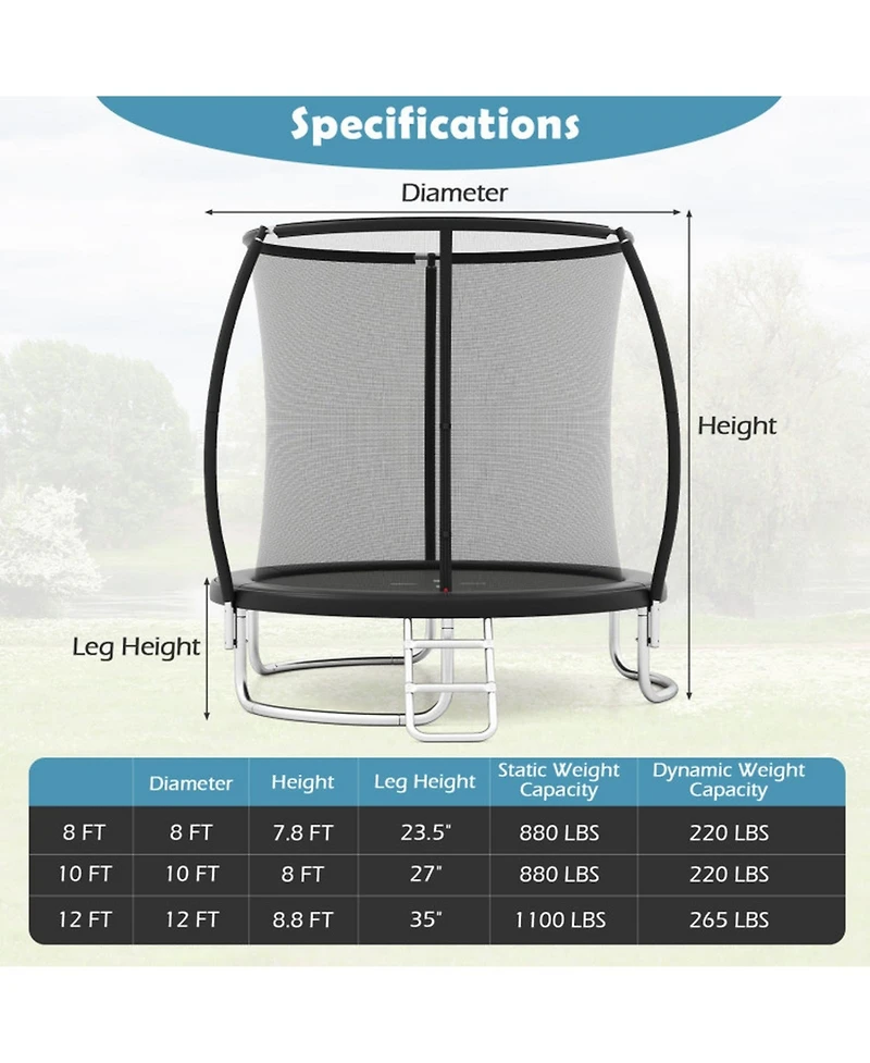 Hongge 8 ft Galvanized Steel Safety Enclosure Net Trampoline with Ladder, 880 lb Capacity, Ages 3+