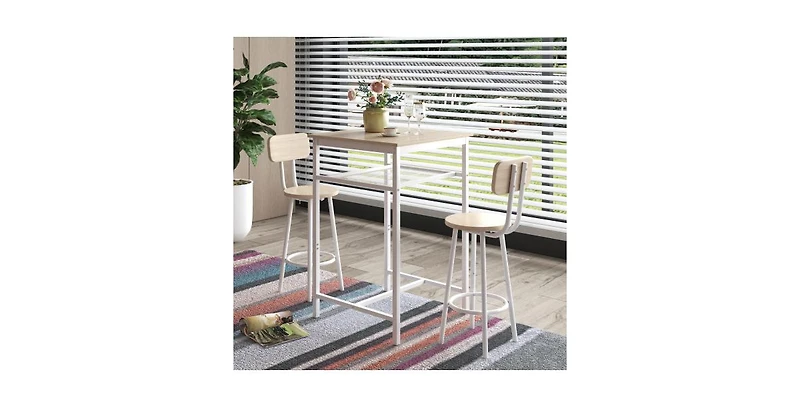 Flynama 3-Piece Bar Table Set with 2 Stools, Backrest and Partition, Modern Wood Grain for Home Bars