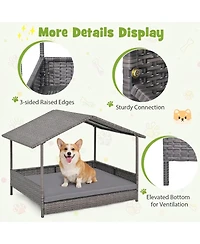 Sugift Elevated Wicker Dog House Pe Rattan Dog Bed With Canopy