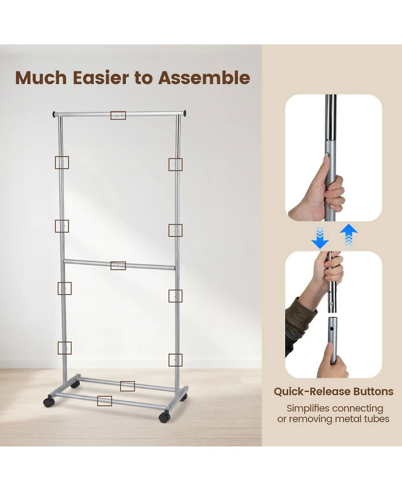 Sugift Rolling Double-Rod Clothes Rack with 9.5in Extension Rods and 3-Level Adjustable Height