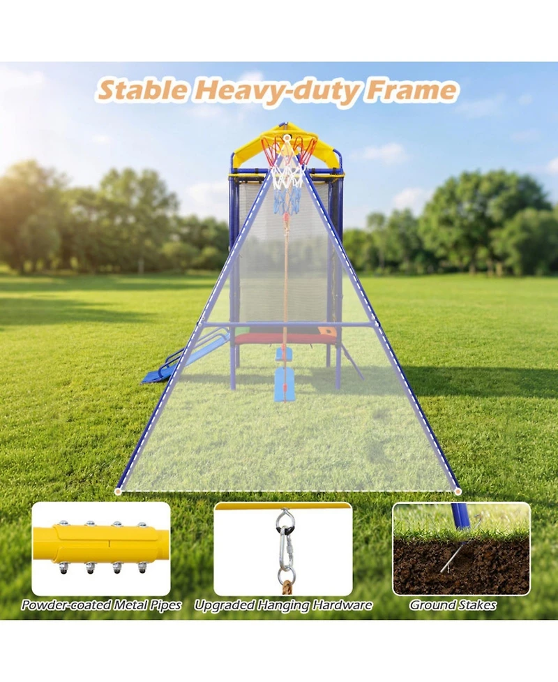 Sugift 5-in-1 Metal Swing Set with Slide, Trampoline & Basketball Hoop, Ages 8+