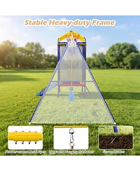 Sugift 5-in-1 Metal Swing Set with Slide, Trampoline & Basketball Hoop, Ages 8+