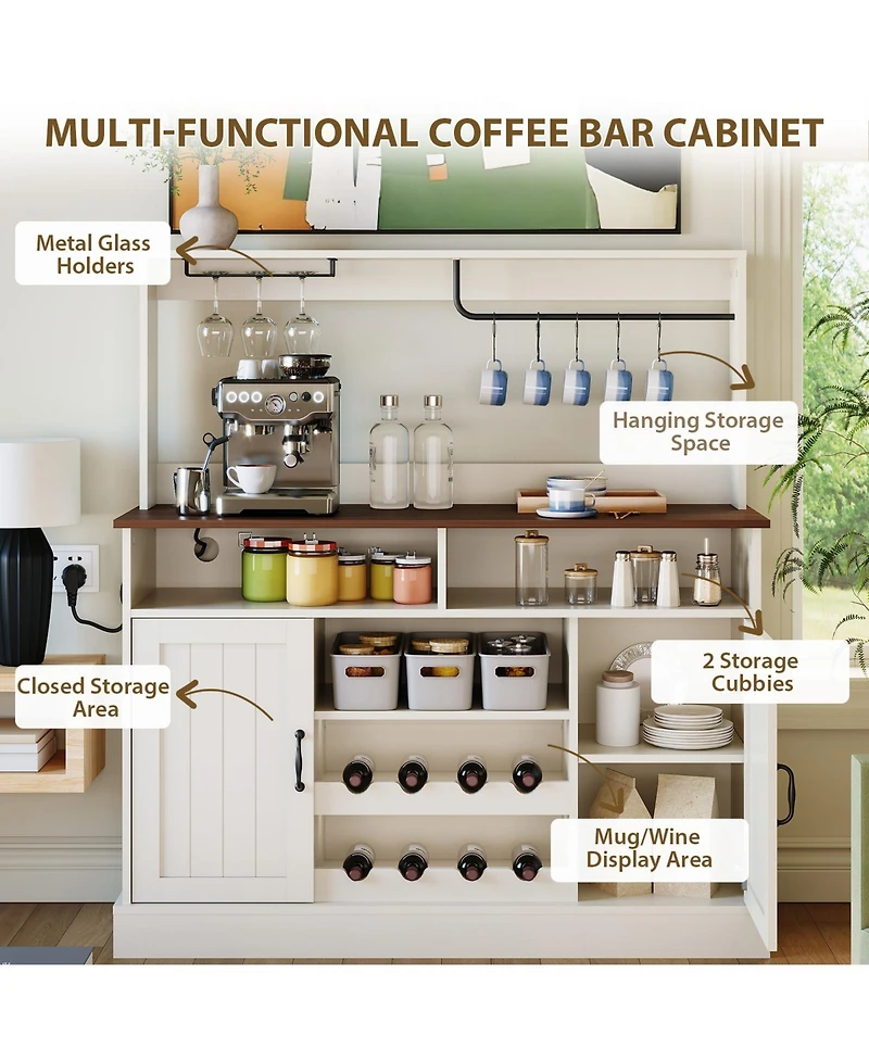 homfan 47" Farmhouse Buffet Cabinet with Storage, Power Outlets, Wine and Glass Rack, Large Sideboard Storage Shelf for Dining Room/Living Room