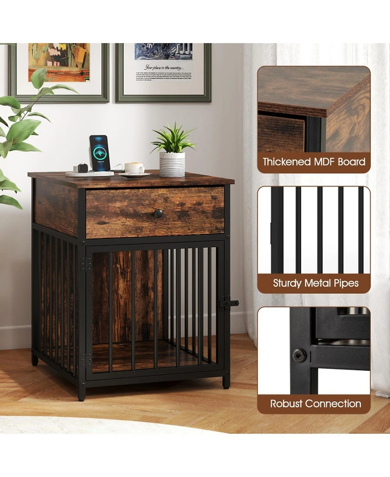 Sugift Wooden Dog Crate Furniture for Small Dogs Puppy Kennel with Charging Station and Storage