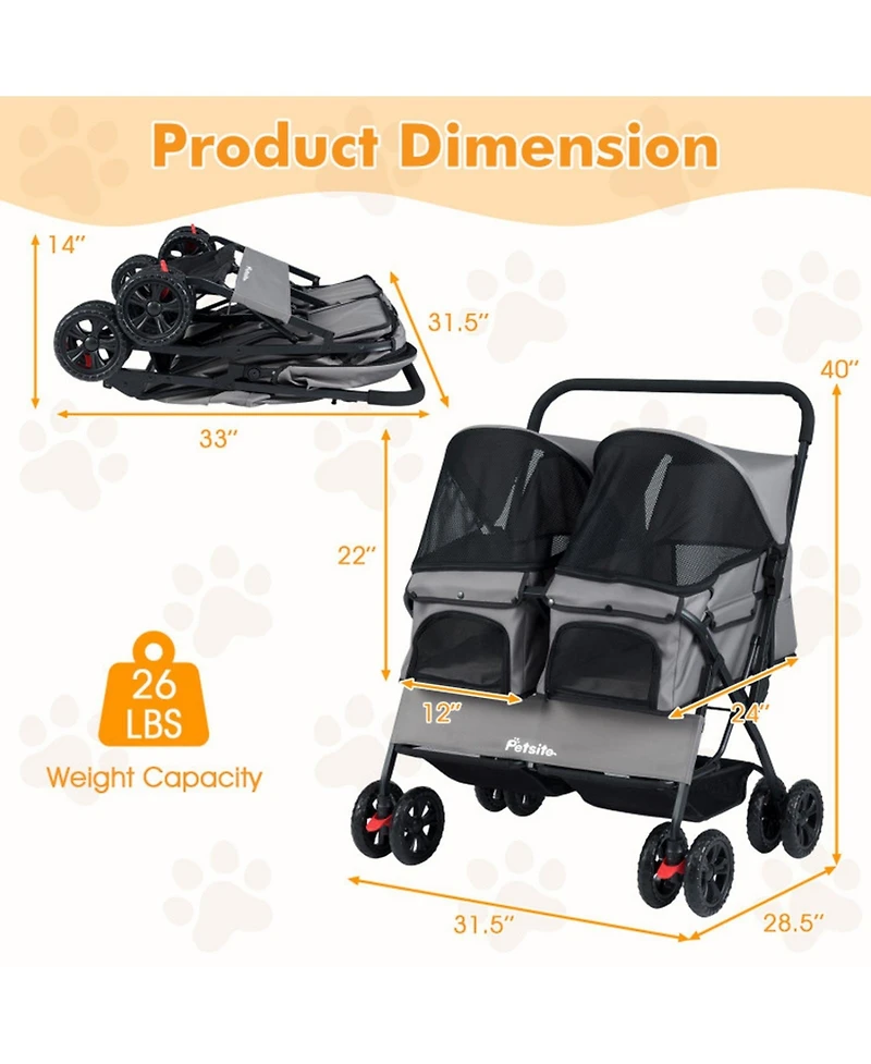 Sugift Foldable Double Pet Stroller with Adjustable Sunshade and Storage Basket
