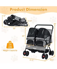 Sugift Foldable Double Pet Stroller with Adjustable Sunshade and Storage Basket