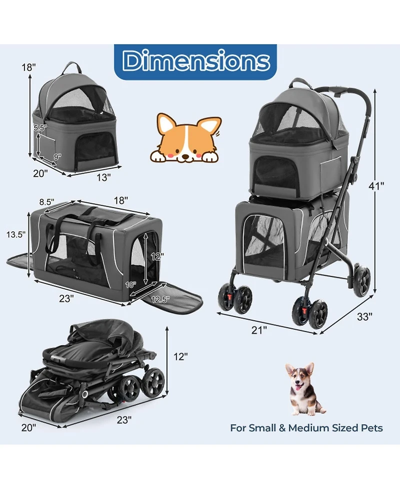 Hongge Foldable Double Pet Stroller with 2 Detachable Pet Carriers