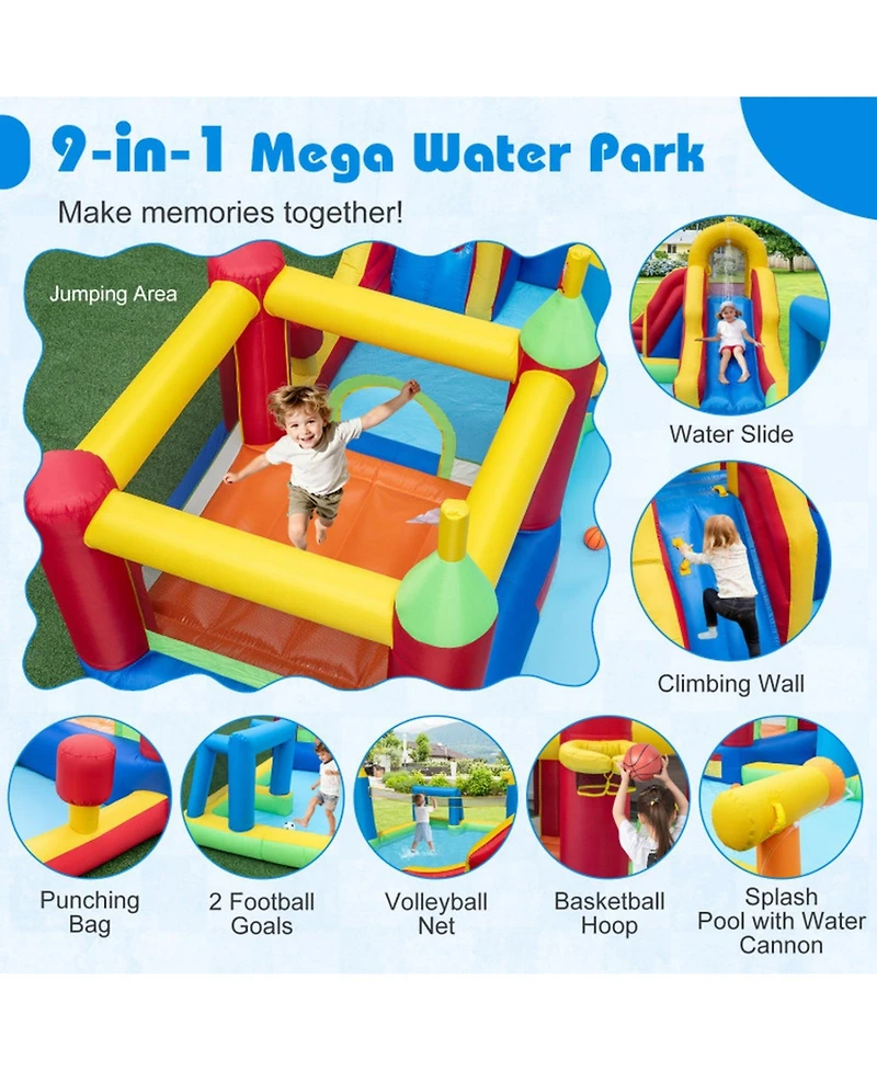 Hongge 9-in-1 Inflatable Water Slide Bounce House with Climbing Wall, 197" x 161" x 75", Ages 3-12