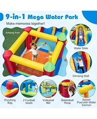 Hongge 9-in-1 Inflatable Water Slide Bounce House with Climbing Wall, 197" x 161" x 75", Ages 3-12