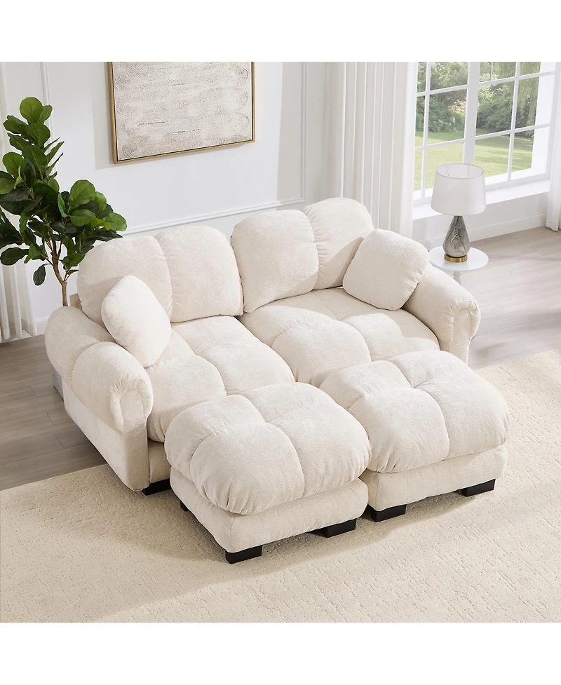 Boyel Living Chenille Cloud L-Shaped Loveseat Sofa Soft Padded Armrests Stylish Petal Design with Movable Ottoman