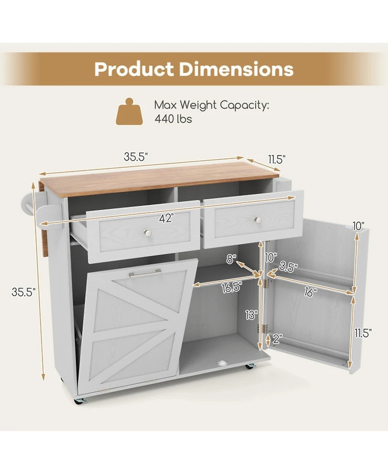 Sugift Rolling Kitchen Island with Trash Can Cabinet Drop-Leaf and Rubber Universal Wheels