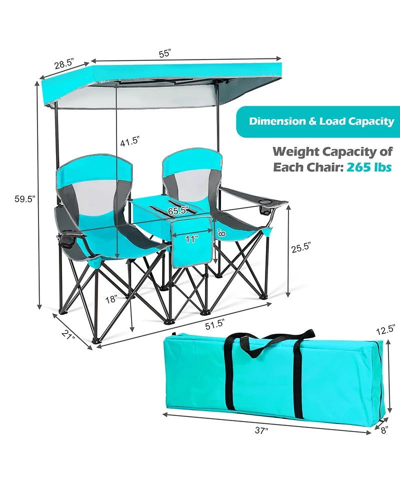Gymax Folding 2-person Camping Chairs Double Sunshade Chairs with Canopy Patented