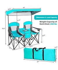 Gymax Folding 2-person Camping Chairs Double Sunshade Chairs with Canopy Patented