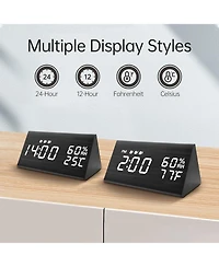 Jall Wooden Digital Alarm Clock 3 Alarms with Weekday Mode Humidity and Temperature Sensor Adjustable Brightness Usb to Barrel Cord No Batteries