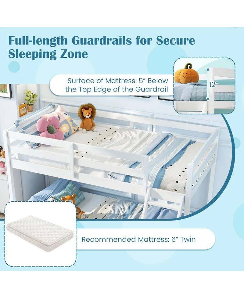 Sugift Twin Over Full Low Floor Wooden Bunk Bed Frame