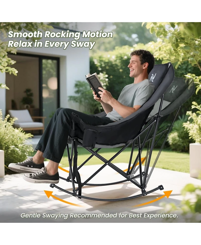 Mooncool Oversized Rocking Camping Chair Supports 400 lbs with Side Pocket, Cup Holder and Carry Bag Outdoor