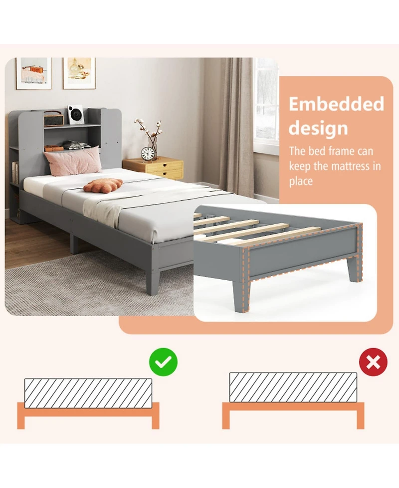 Sugift Twin Size Wooden Platform Bed Frame with Bookcase Headboard