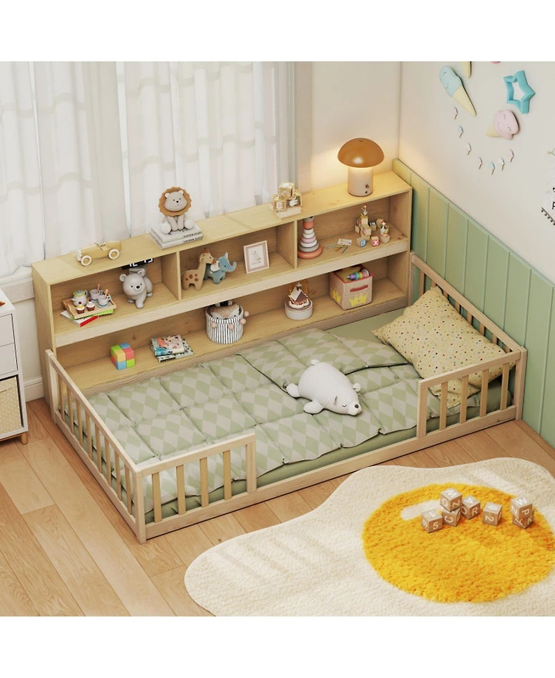 Sugift Twin Size Montessori Floor Bed with Attached Bookcase and Fence Rails