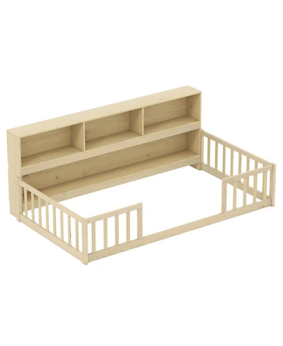 Sugift Twin Size Montessori Floor Bed with Attached Bookcase and Fence Rails