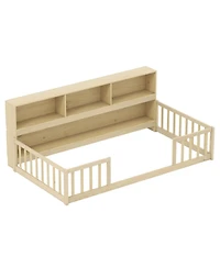 Sugift Twin Size Montessori Floor Bed with Attached Bookcase and Fence Rails