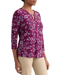 Jones New York Plus Kissing Trim Top Printed Floral-Print V-Neck 3/4-Sleeve Blouse