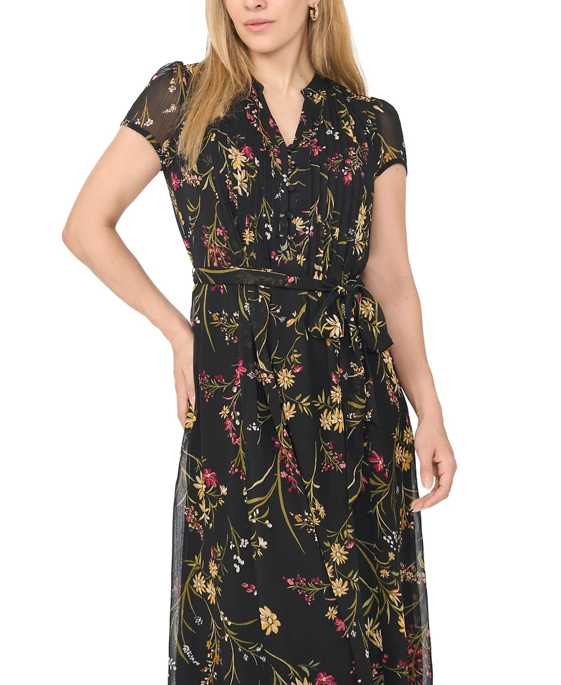 Msk Petite Pintuck Floral-Print A-Line Midi Dress