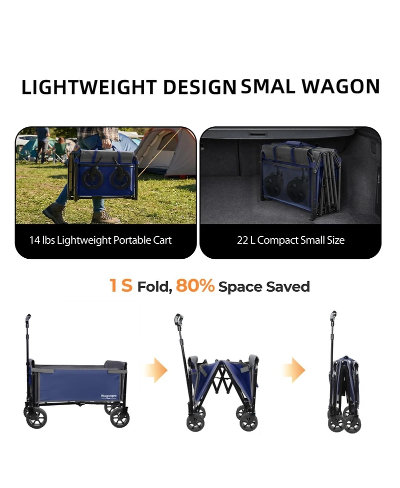 ECHTPeak Folding Wagon Cart, with 5x2 Inch Wide Wheels, 220LBS Capacity, with Full-Side, for Camping, Beach, Shopping