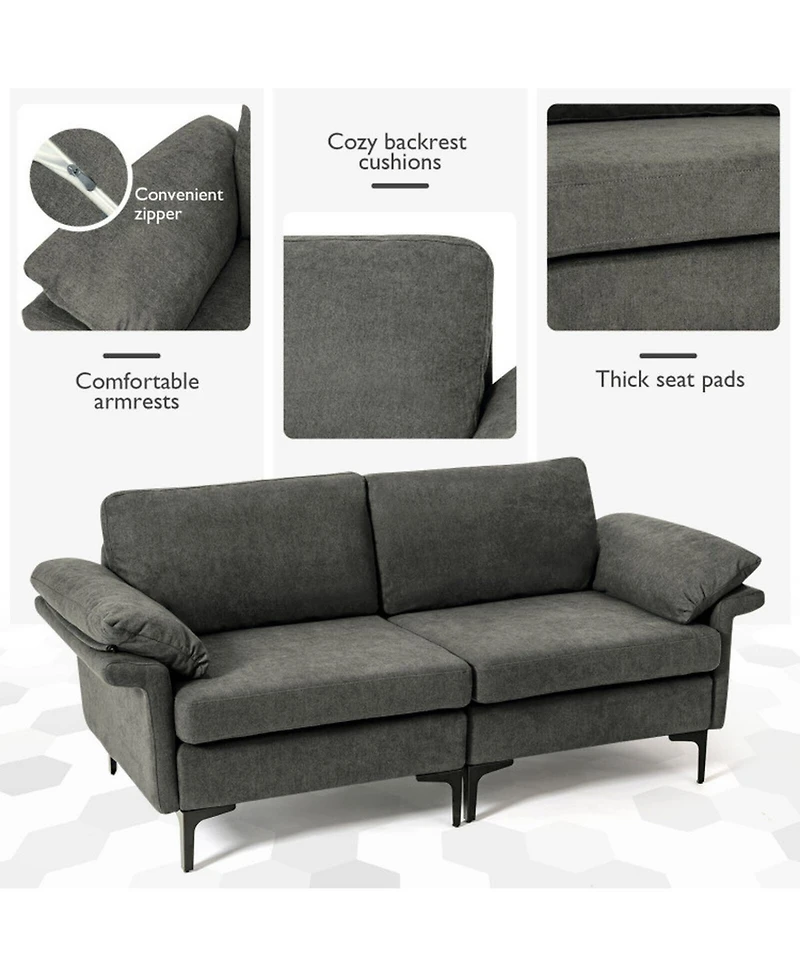 Sugift Modern Upholstered Loveseat Sofa with Spring System Armrest Pillows and Metal Legs