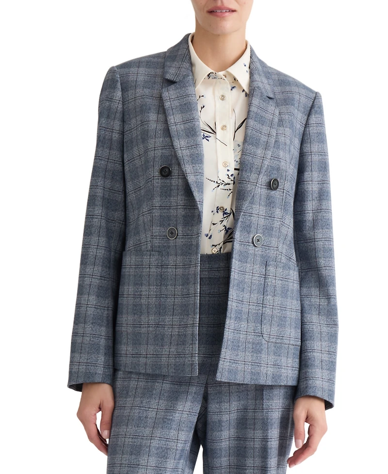 Jones New York Plus Faux Double-Breasted Plaid Patch-Pocket Blazer