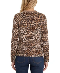 Liverpool Los Angeles Petite Leopard-Print Long-Sleeve Crewneck Sweater