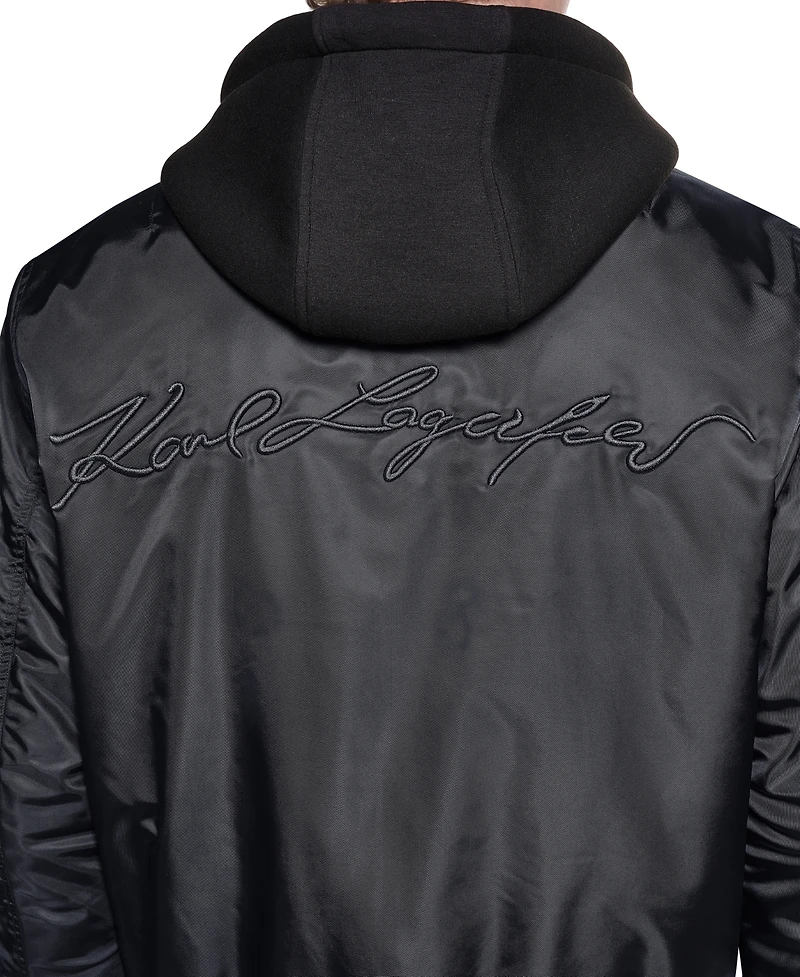 Karl Lagerfeld Paris Men's Embroidered Signature Hooded Bomber