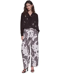 Karl Lagerfeld Paris Petite Lace Floral-Print Wide-Leg Pants, 28" Inseam