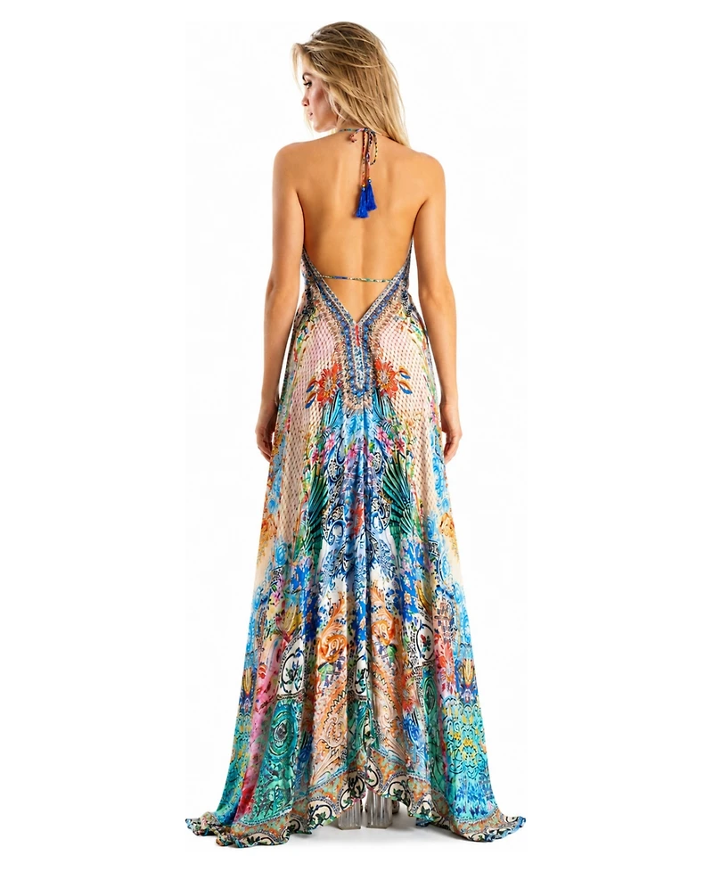 La Moda Clothing Women's Patchwork Floral and Geo Halter Plunge Maxi Dress