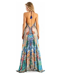 La Moda Clothing Women's Patchwork Floral and Geo Halter Plunge Maxi Dress