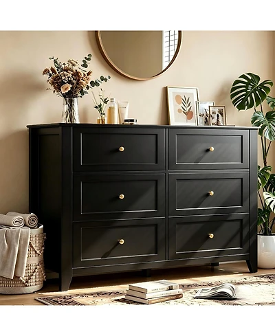 54" Wide 6-Drawer Lacquered Storage Chest, Modern Dresser with Deep Drawers, Multi-purpose Organizer for Bedrooms, Hallways and Entryways
