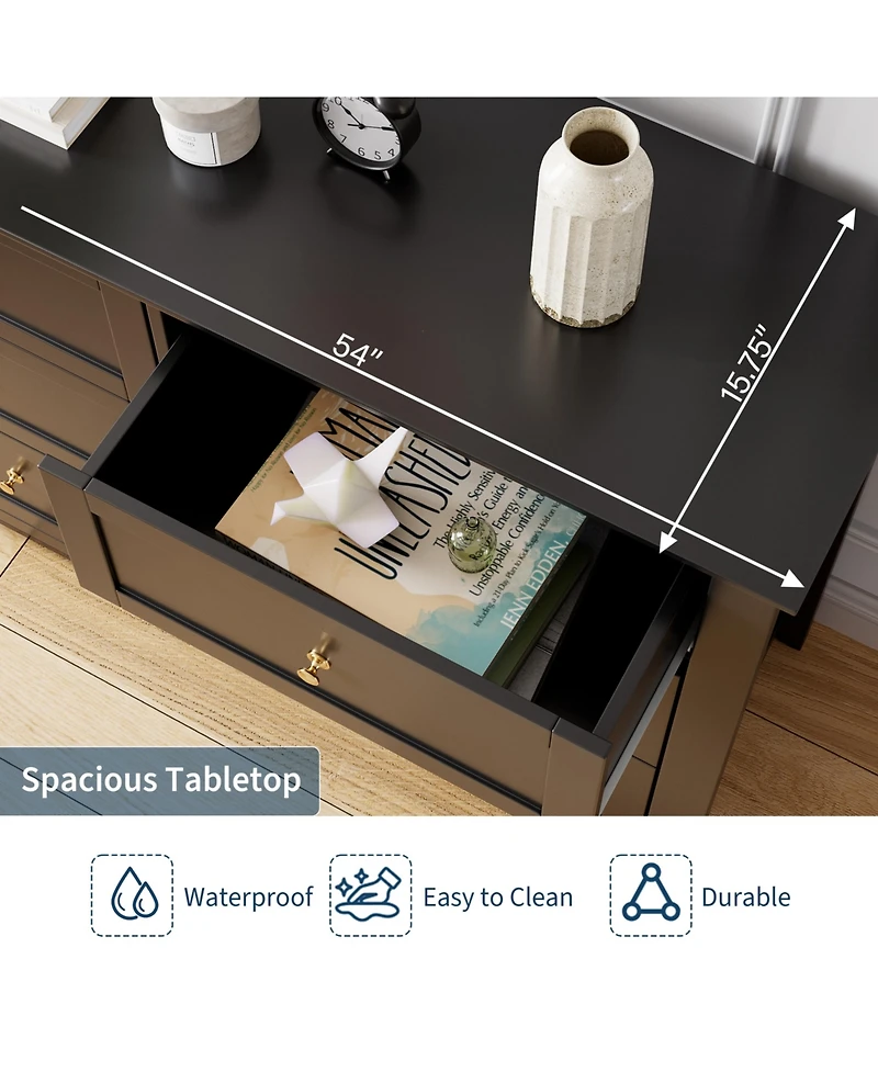 54" Wide 6-Drawer Lacquered Storage Chest, Modern Dresser with Deep Drawers, Multi-purpose Organizer for Bedrooms, Hallways and Entryways