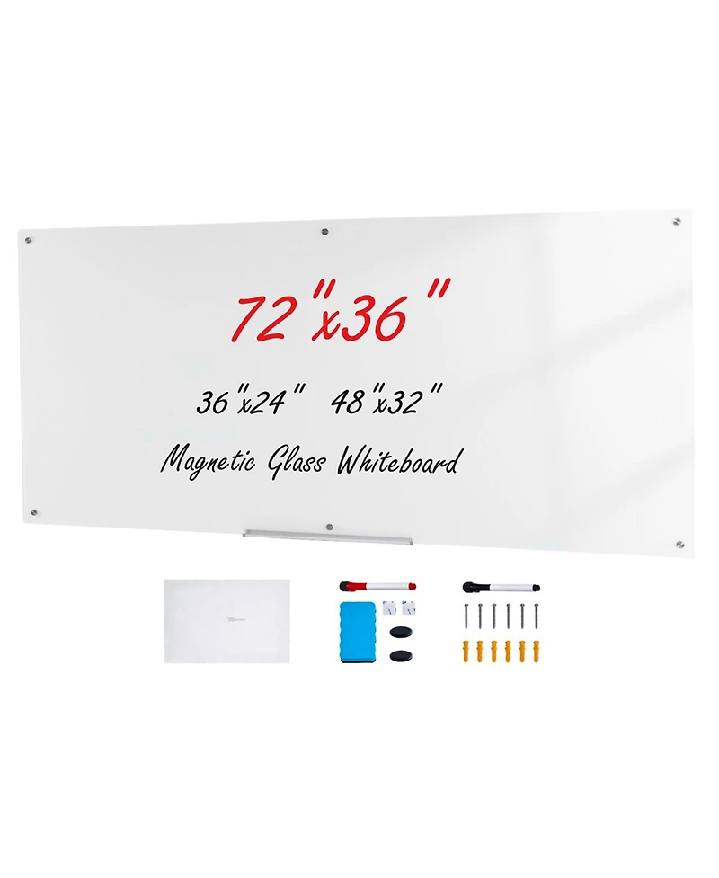 Yobtop Magnetic Glass Whiteboard, Dry Erase Board Wall-Mounted Large White Glassboard Frameless,Marker Tray,Eraser and 2 Markers Included