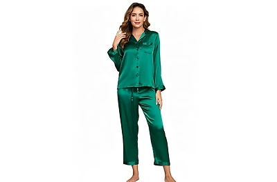 SilkSilky Women's Long Sleeve Button-Up Satin Pajama Set
